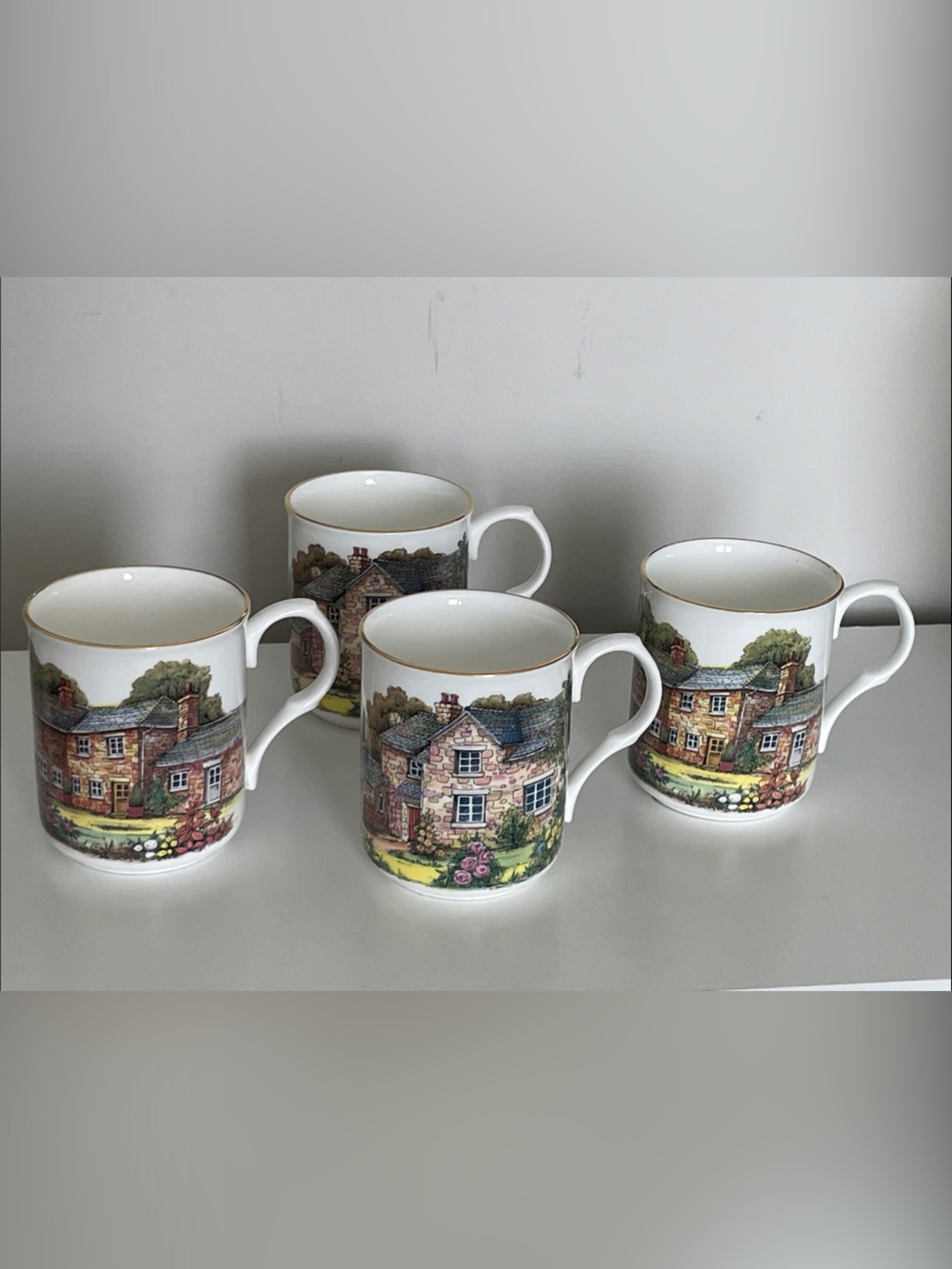Staffordshire Crown Trent Bone China Cottage Scene Mugs with Gold Trim set 4
